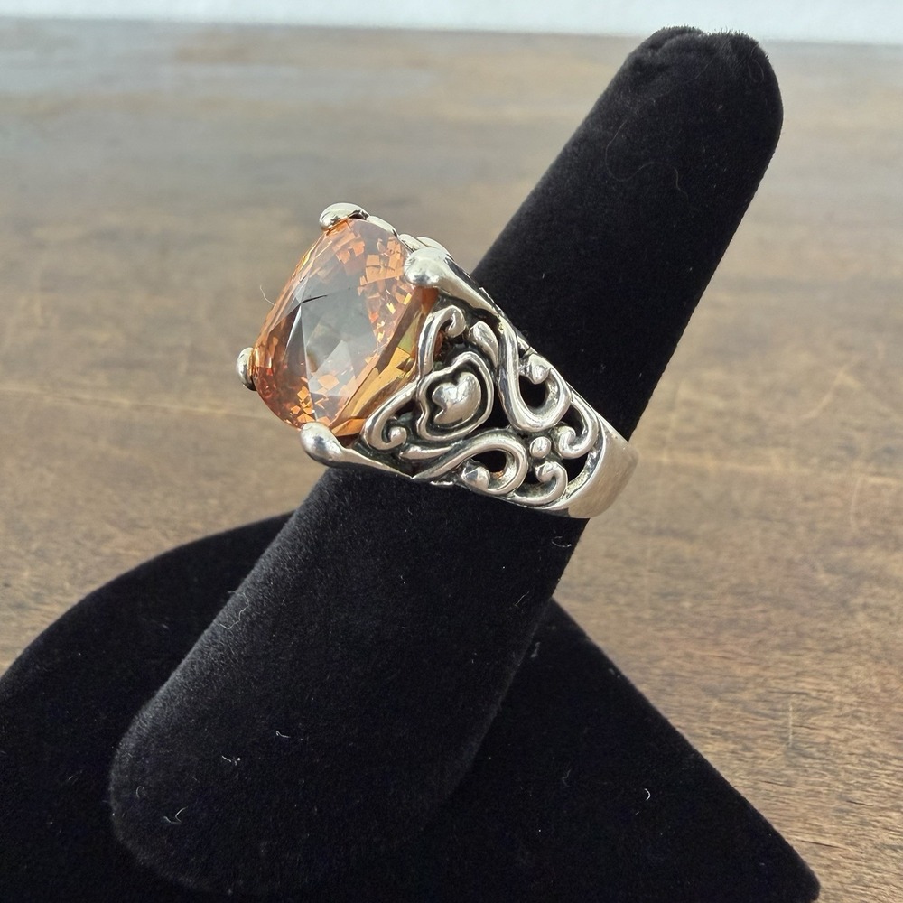 VTG Filigree Sterling Silver 925 Estate Ring Lg. Peach Cushion Cut Ring Sz 5.75